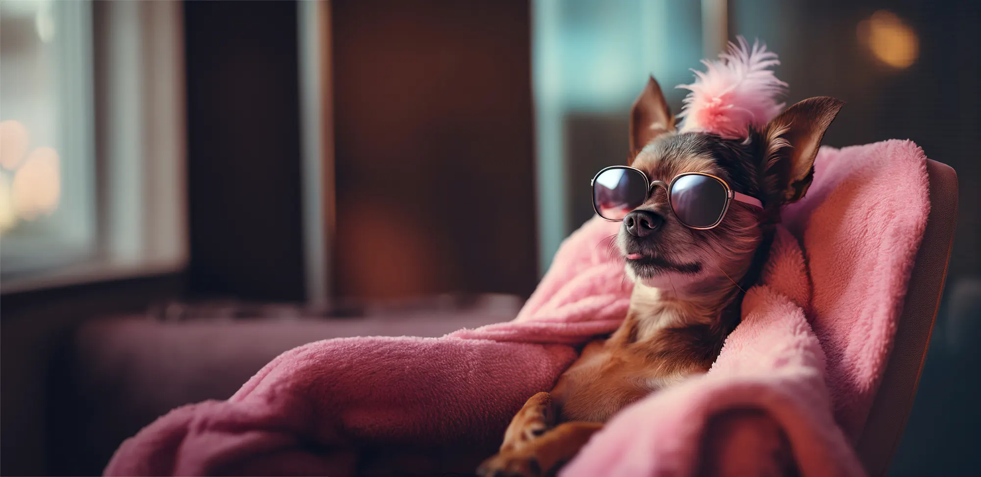 <p>A small, bougie-looking, dog lounging in a pink armchair, wearing sunglasses and a headpiece with a pink feather on its head.</p>