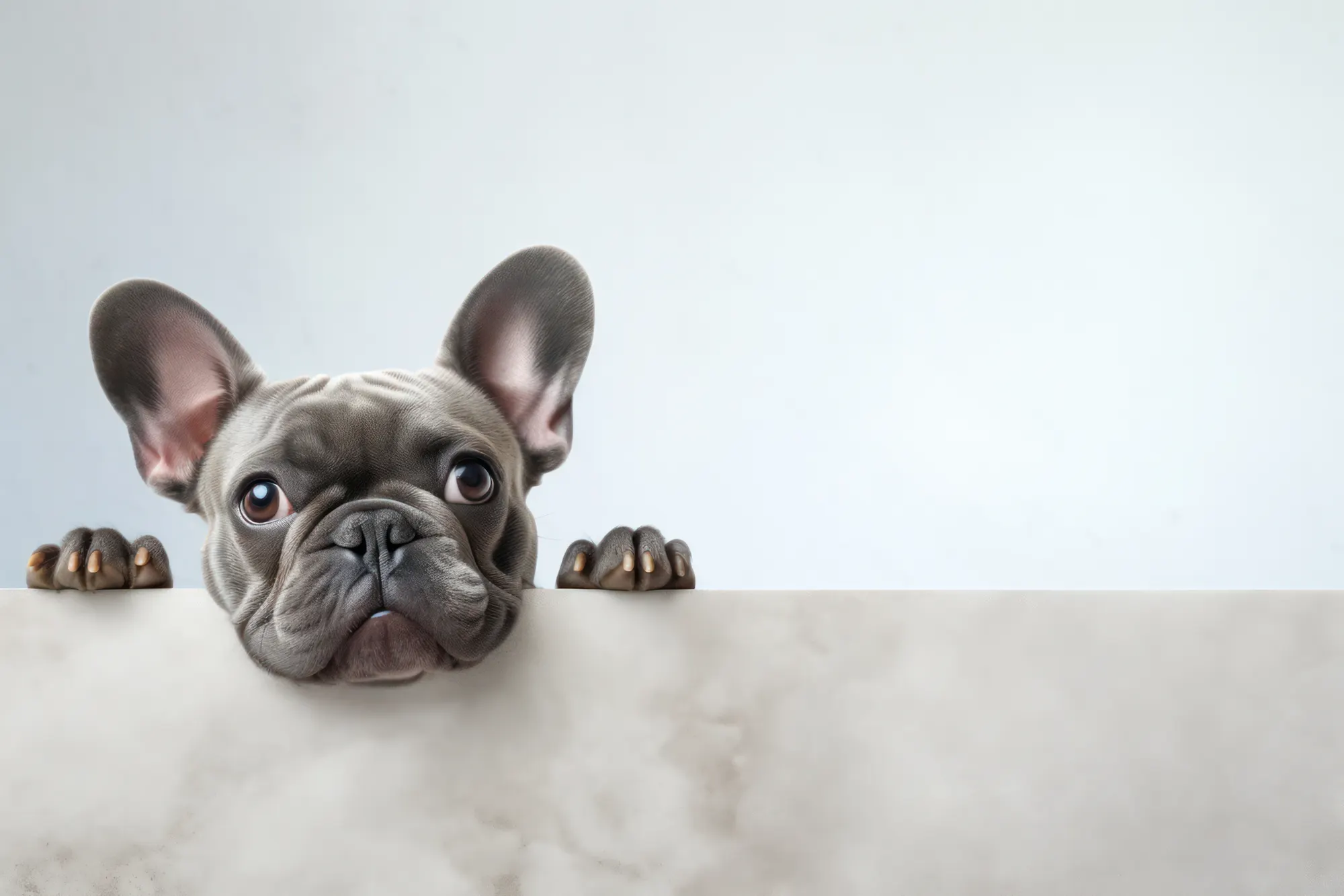 <p>Grey French Bulldog with paws and head resting on white marble table top.</p>