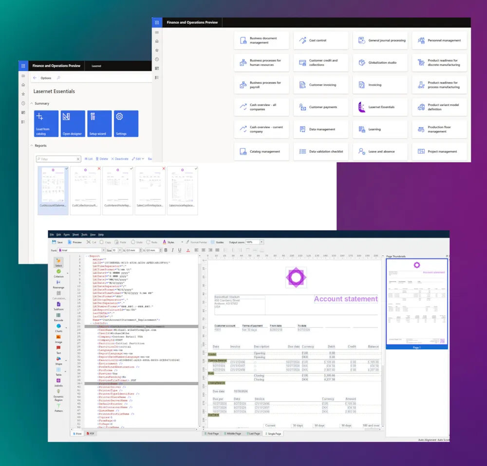 <p>Three screenshots from Lasernet stacked on each other with the top one showing Lasernet Designer.</p>