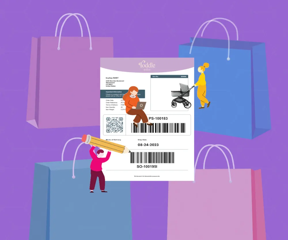 <p>Illustration with little dudes creating a document with barcodes for a baby pram, shopping bags in the background.</p>