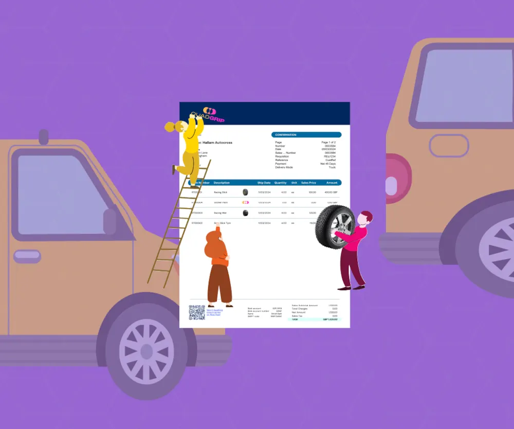 <p>Illustration with little dudes creating a document for an order confirmation of tyres, yellow cars in the background.</p>